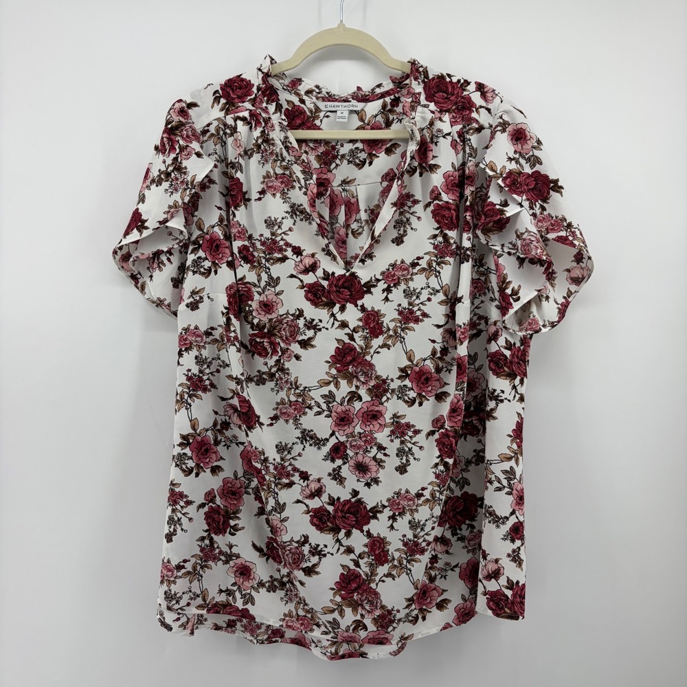 41 Hawthorn Womens 2X Multicolor‎ Floral Blouse Ruffle V-Neck Flutter Sleeve Top